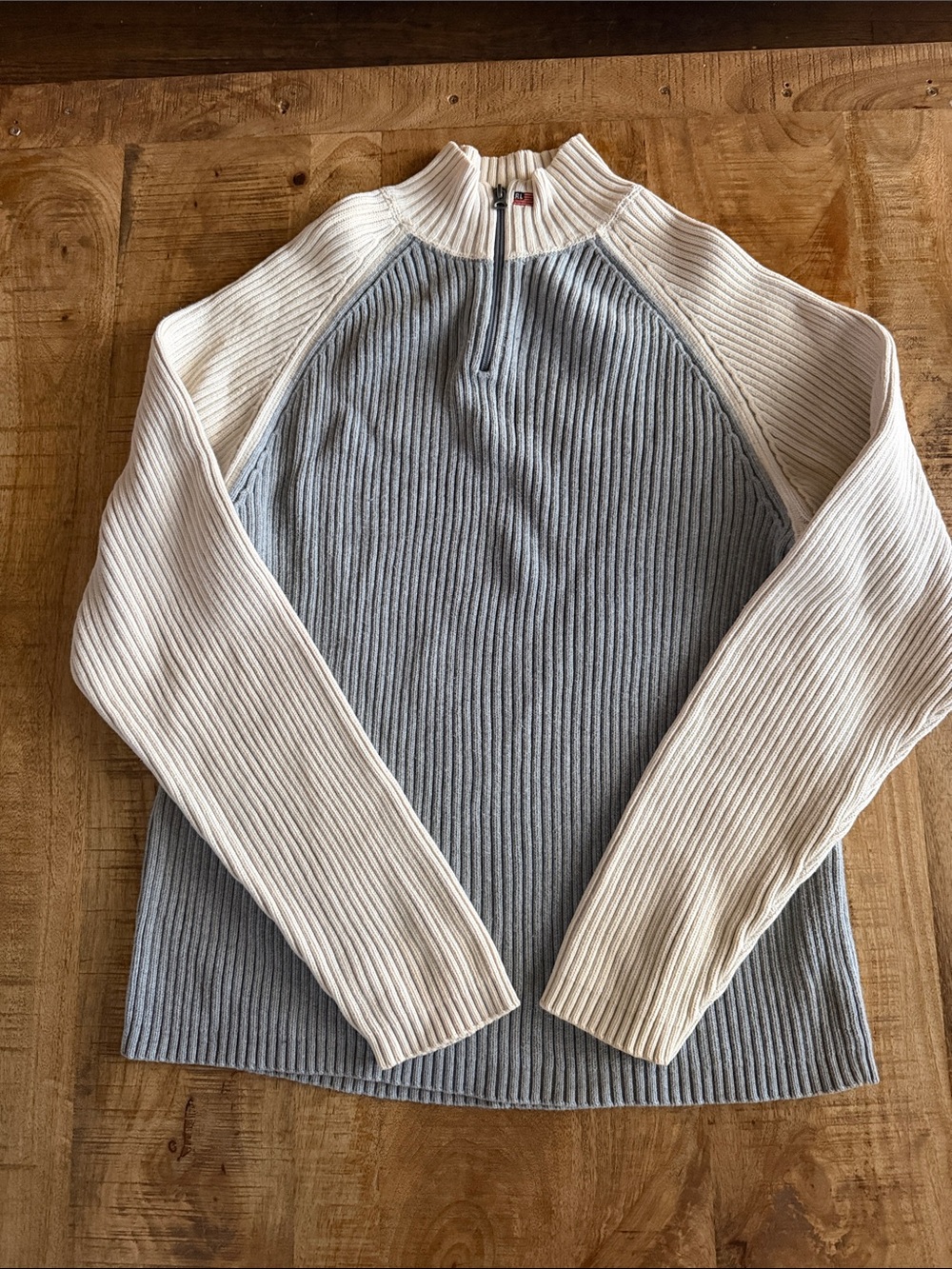 Polo by Ralph Lauren Cream & Light Blue Ribbed Half-Zip Sweater
